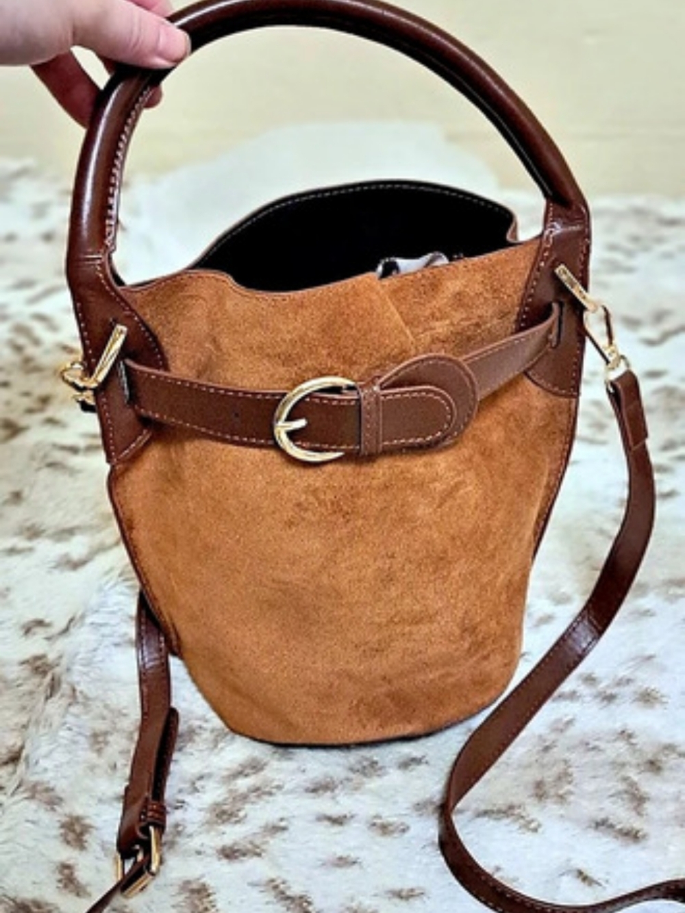 Boutique Suede/ Faux Leather  Mini Bucket Bag